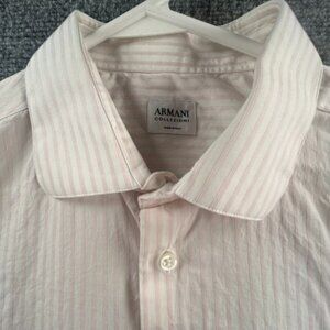 Armani Collezioni Dress Shirt L Pink Striped Front Pocket 100% Cotton Woven